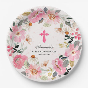 Prato De Papel Garota Floral Rosa Rosa de Primeira Comunhão Moder