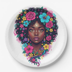 Prato De Papel Garota Negra com Coroa de Flores Afro Brilhante