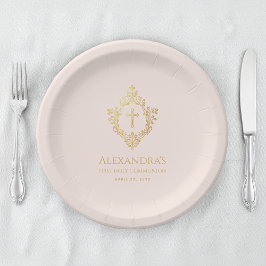 Prato De Papel Garota Primeira Comunhão Rosa Vintage Faux Crest D