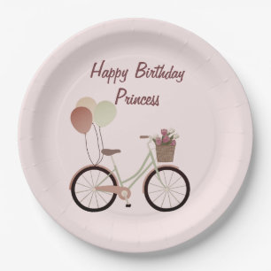 Prato De Papel Garota Rosa Feliz Aniversário Princesa Bicicleta 