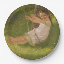 Prato De Papel Garota sorridente em um Swing (Infância Vintage)