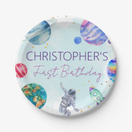 Prato De Papel Garoto Astronauta Dourado Planeta de Nave Azul