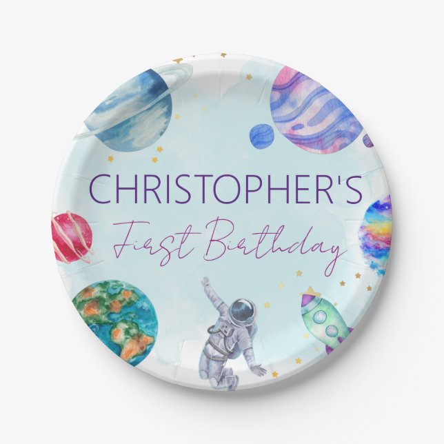 Prato De Papel Garoto Astronauta Dourado Planeta de Nave Azul (Frente)