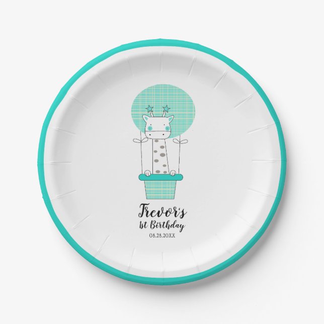 Prato De Papel Garoto Primeiro Aniversário - Folha de Papel Giraf (Frente)