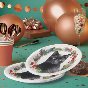 Prato De Papel Gata Preta Kit de Coroa de Natal Gatinho Festivo