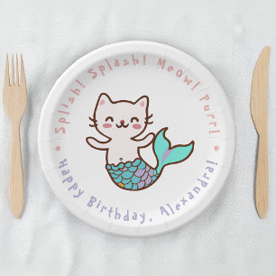 Prato De Papel Gatinha Sirena Menina Aniversário Meowmaid Purrmai