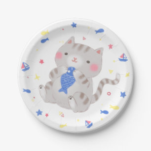 Prato De Papel Gatinho bonito com peixe na ilustração de verão