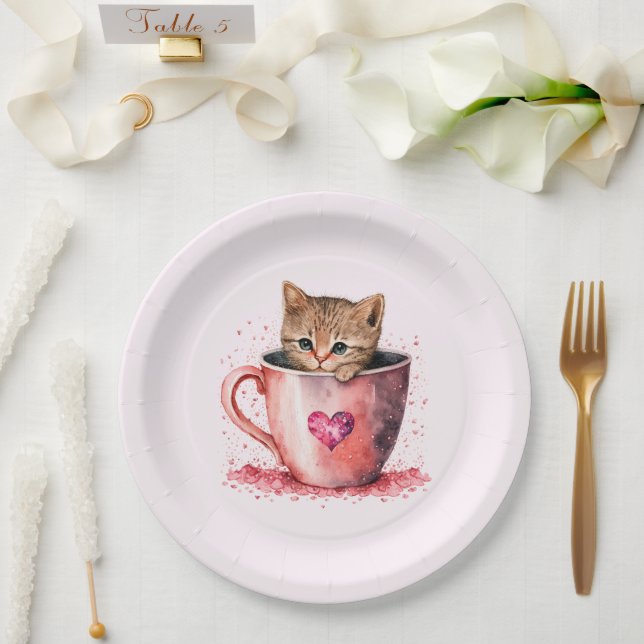 Prato De Papel Gatinho Bonito num Teacup com Corações (Casamento)
