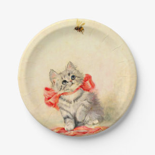 Prato De Papel Gatinho com Fita Vermelha