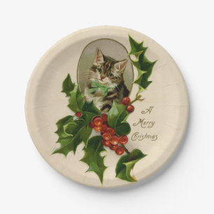 Prato De Papel Gatinho de Natal Vitoriano em Tabby Antigo com Aze