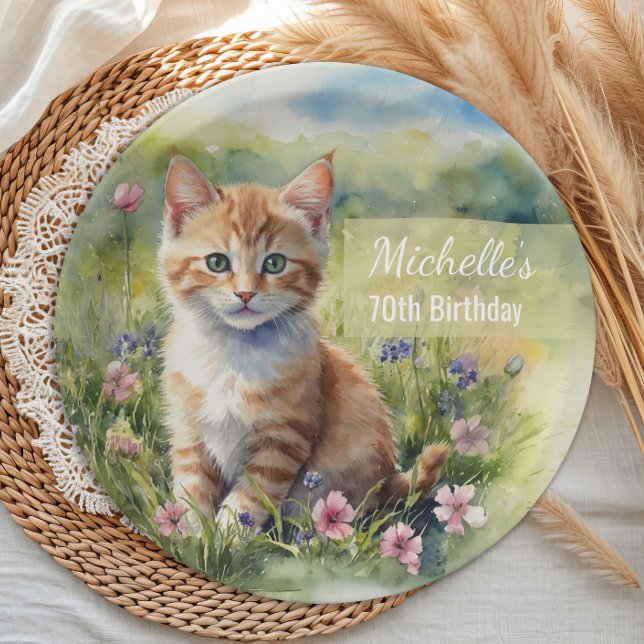 Prato De Papel Gatinho de Tabby Laranja Amarelo  70º Aniversário (Cat 70th birthday party paper plate)