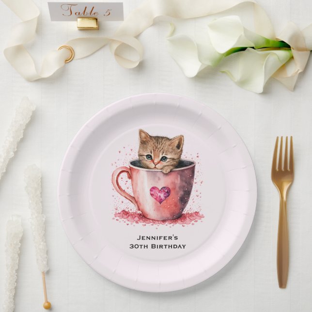 Prato De Papel Gatinho Fofo em Teacup com Corações Aniversário (Casamento)