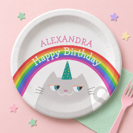 Prato De Papel Gatinho Fofo Unicórnio Arco-íris Aniversário