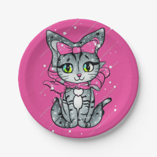 Prato De Papel Gatinho Kawaii, bonito, com fundo cor-de-rosa bril