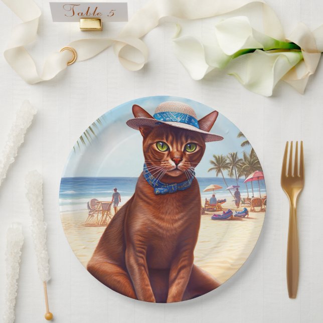 Prato De Papel Gato abissino na praia, presente de verão para o a (Casamento)
