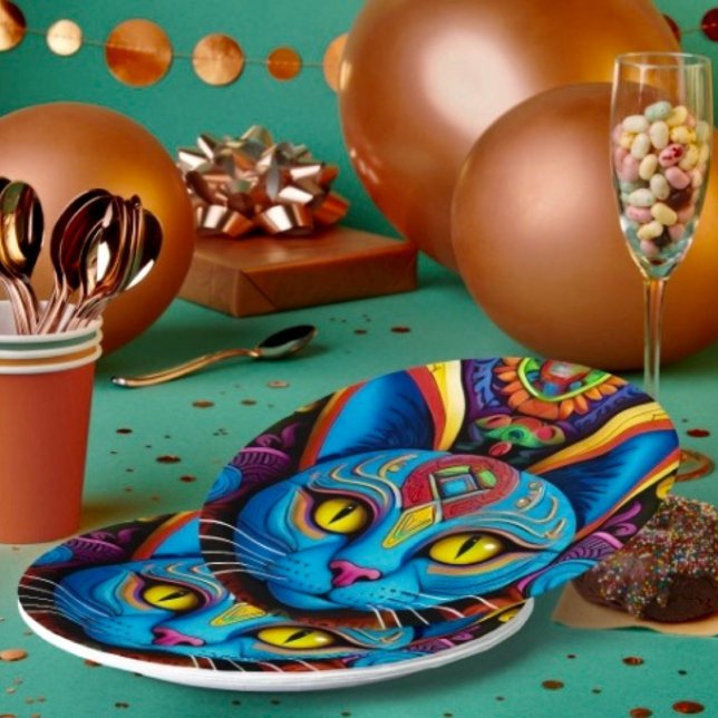 Prato De Papel Gato Abstrato com Olhos Amarelos  ( Paper Plates Durable paper stock FDA compliant food safety. )