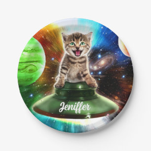 Prato De Papel gato alienígena no disco do úfo