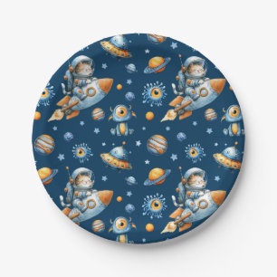 Prato De Papel Gato Astronauta Fofo Espaço Galáxia Padrão Azul Ma