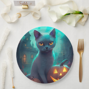 Prato De Papel Gato Azul Russo Halloween Com Pumpkins Assustado