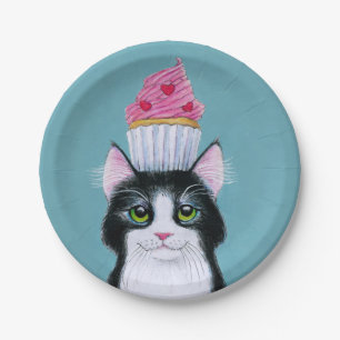 Prato De Papel Gato bonito com Cupcake rosa