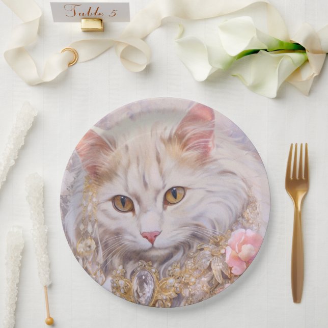 Prato De Papel Gato Branco Elegante em Dourado e Ouros (Casamento)