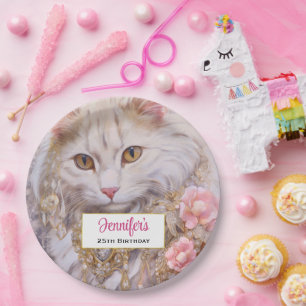 Prato De Papel Gato Branco Elegante no Aniversário do Dourado e d