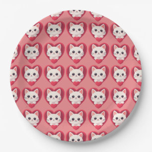 Prato De Papel Gato Branco Fofo com Coração Desenho de Kawaii Kit