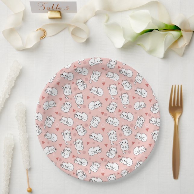 Prato De Papel Gato Branco Fofo Tema de Fundo Rosa (Casamento)