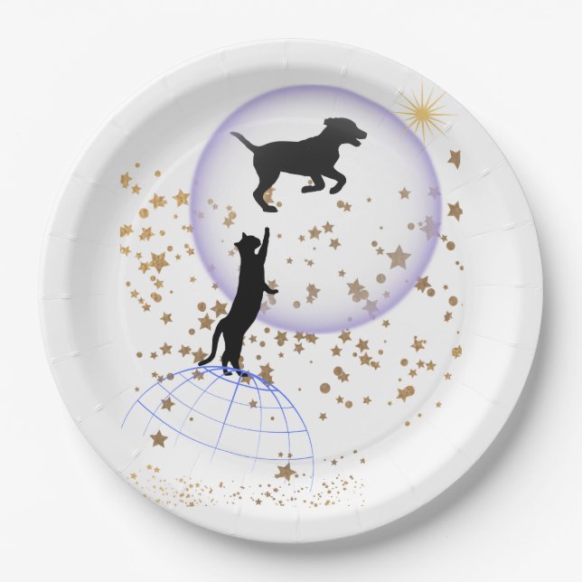 Prato De Papel Gato curioso e cão correndo (Frente)