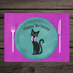 Prato De Papel Gato de Aniversário Chique em Laço Rosa Olhos Verd