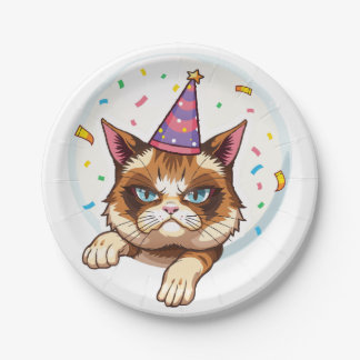 Prato De Papel Gato de aniversário rabugento - Chapéu do Partido