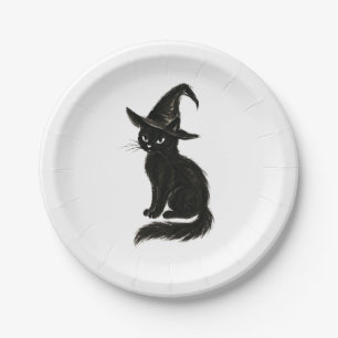 Prato De Papel Gato de Bruxa – Ilustração de Halloween em Tinta P