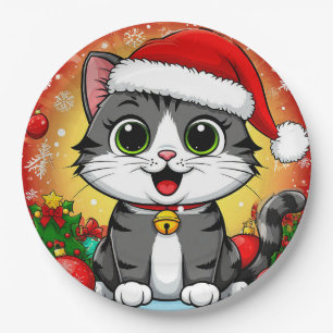 Prato De Papel Gato de desenho animado em chapéu de Papai Noel co