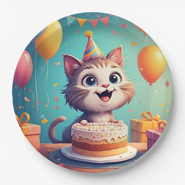 Prato De Papel Gato de Festa Adorável Com Bolo e Balões (Frente)