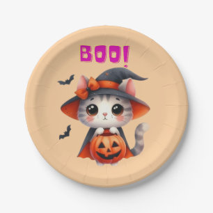 Prato De Papel Gato de Halloween bonito com abóbora e Deco de Cha