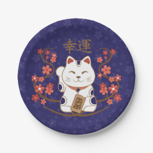 Prato De Papel Gato de Maneki-neko com sorte, kanji