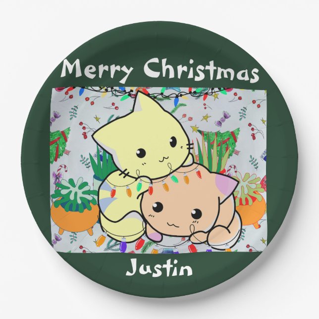 Prato De Papel gato de natal fofo, personalize o texto personaliz (Frente)