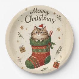 Prato De Papel Gato de Natal na Meia