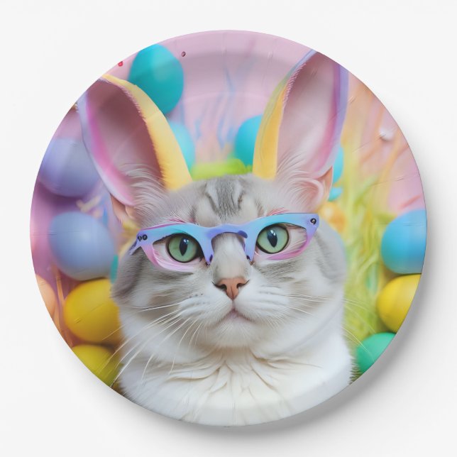 Prato De Papel Gato de Páscoa Whimsso com Ouvidos Coelhinhos (Frente)