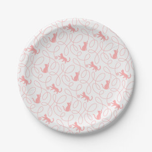 Prato De Papel Gato Divertido e Padrão de Bola de Linha Coral Cla