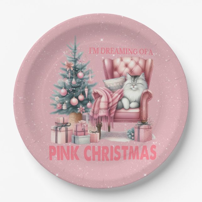 Prato De Papel Gato Dormindo Estou Sonhando com um Natal Rosa (Frente)