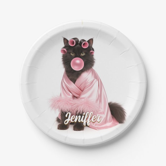 Prato De Papel Gato em Robe Rosa com Rulos no Cabelo e Chiclete B (Frente)
