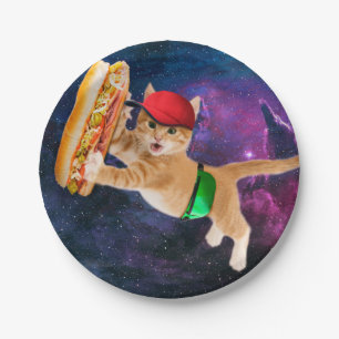 Prato De Papel Gato espacial com bonés e mochila