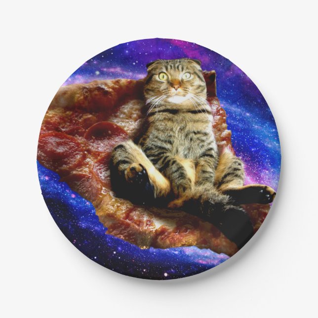Prato De Papel Gato espacial deitado numa pizza (Frente)