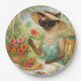 Prato De Papel Gato está tomando chá no jardim