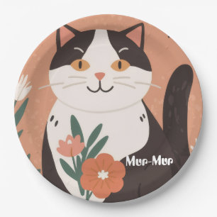 Prato De Papel Gato Feliz Customizado com Flores da Primavera