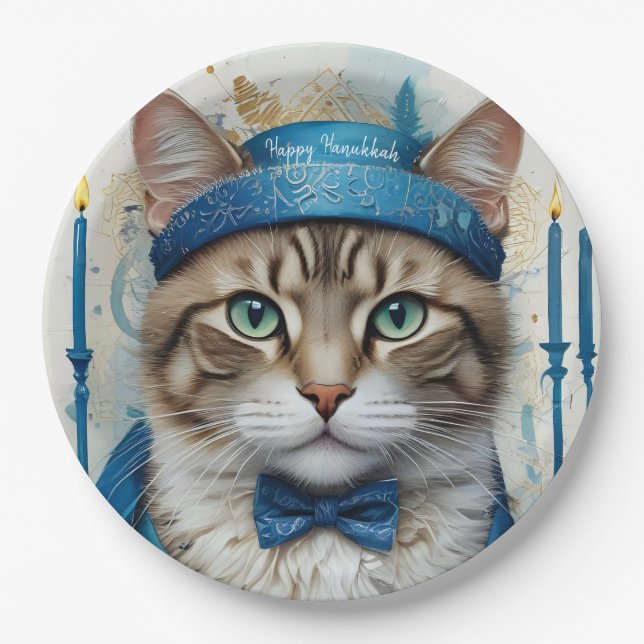Prato De Papel Gato Festivo em Hanukkah disfarça Saudação (Frente)