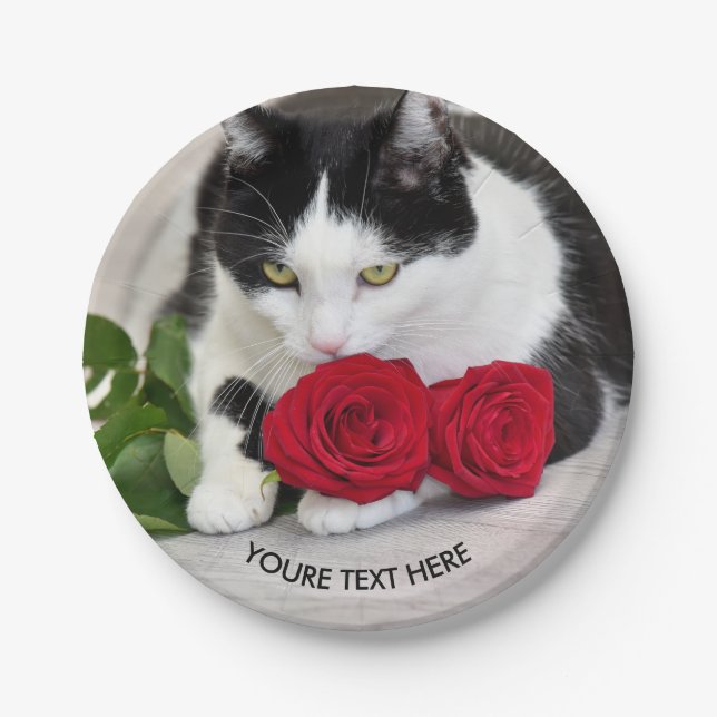 Prato De Papel Gato fofo com a rosa vermelha (Frente)
