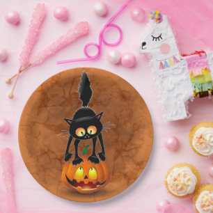Prato De Papel Gato Halloween Caricatura Assustada na Pumpkin