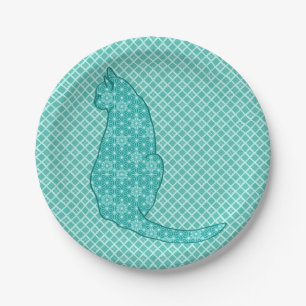 Prato De Papel Gato japonês - impressão do quimono de turquesa